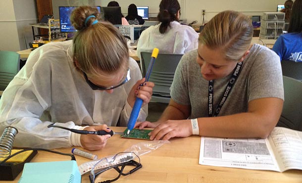 Two camp participants work together on a project