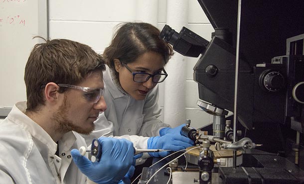 Two engineers work together in a lab