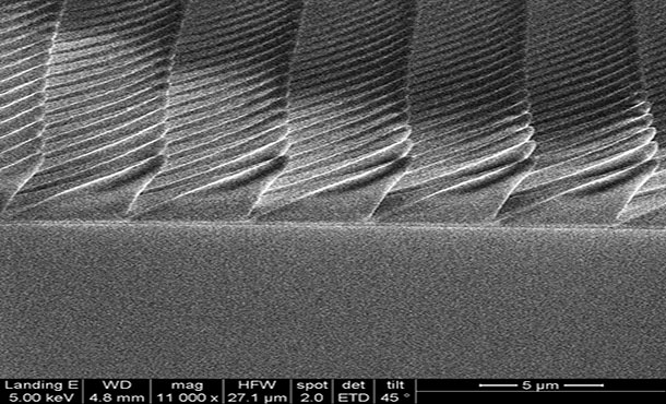 Scanning electron microscope image of the asymmetric pyramids that were 3-D nanoprinted